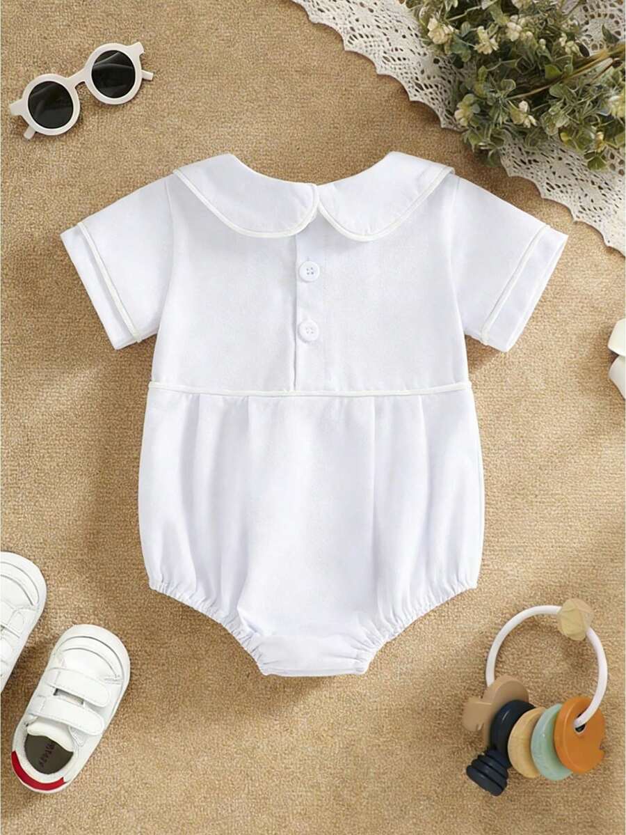 Baby Boys Girls Cotton Romper Short Sleeve Peter Pan Collar Bodysuit With Button Closure Baptism Christening Outfit For 0-18M - trắng - Xem 1