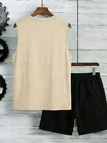 男士圆领背心和抽绳短裤休闲套装 - 杏色 - 查看 4