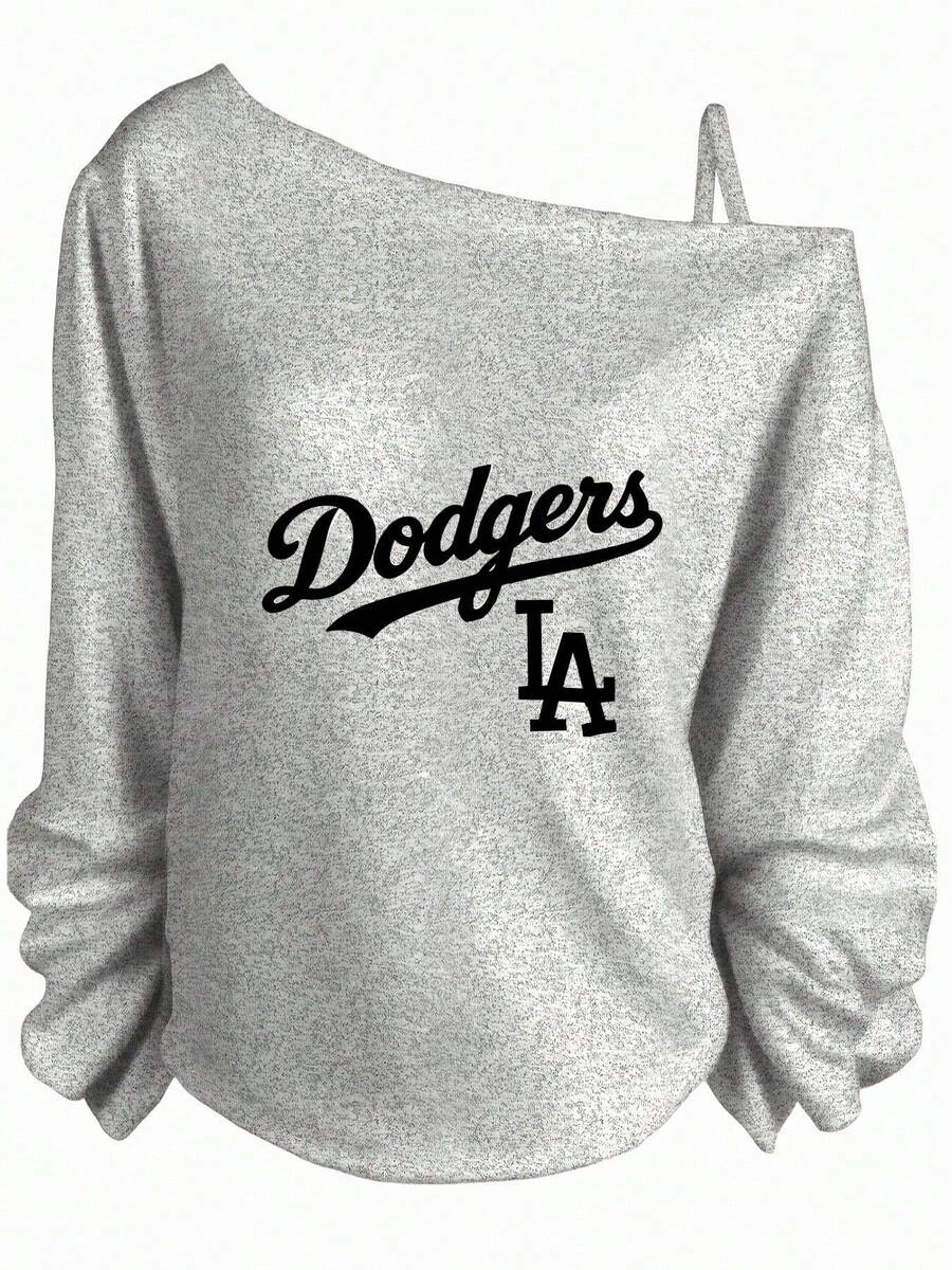 Valentine's Day Outfits For Women, Dodgers Graphic Print, Off-The-Shoulder Sweatshirt, Casual Streetwear, Relaxed Fit-Vacation Outfits Women, Beachwear, Resort Wear, Summer Tops - 灰色 - 查看 1