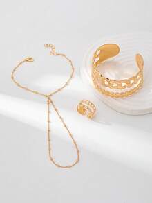 3件套镀金粗手镯和夸张戒指首饰套装，简约风格指环腕链手链，适合女性日常佩戴（链子上的珠子数量随机） - 金色 - 查看 6