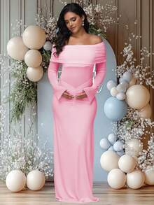 JustVH Maternity Colorblock Mesh Off-Shoulder Dress, Ruched Fishtail Hem, Suitable For Baby Shower, Elegant Stretchy Dress For Photoshoot - Pink - View 3