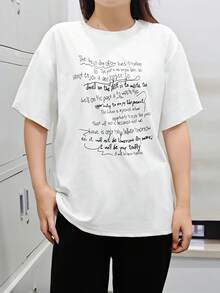 女士圆领短袖T恤，夏季新款字母印花，时尚休闲百搭宽松上衣 - 白色 - 查看 2