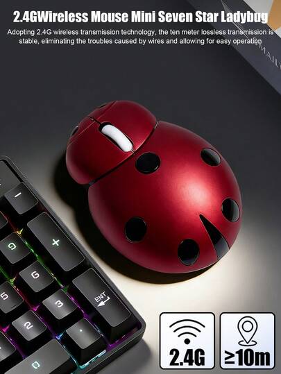 Ratón inalámbrico de computadora con diseño de mariquita de 7 puntos, conexión USB 2.4G plug and play, clic silencioso, tamaño mini portátil, diseño creativo de mariquita de 7 puntos, ratón óptico ergonómico adecuado para portátil, Air/Pro, PC con Windows, oficina y uso doméstico
