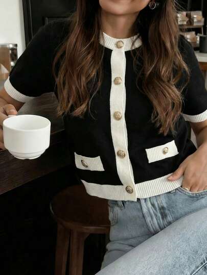 Women's Autumn/Winter New French Romantic Contrast Color Minimalist Casual Versatile Commuting Knit Short Sleeve Top Black Summer