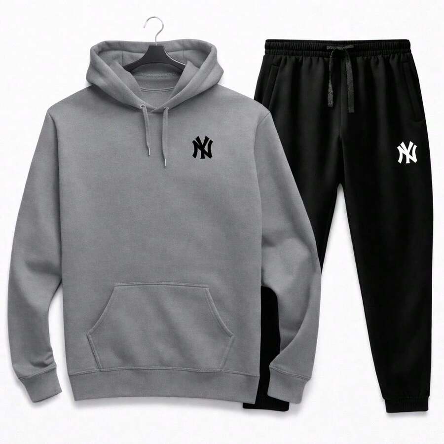 Men's Stylish Kangaroo Hoodie Set + Unisex Sweatpants Set - Grey - View 1