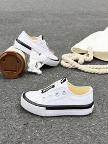 Zapatos de lona para niños OPOEE, de primavera/otoño, estilo coreano, sencillos, para niños y niñas, de moda, de corte bajo, casuales, deportivos, clásicos, versátiles, zapatos de skate para niños - Blanco - Ver 4