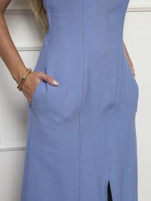 DUOUNO MODAS - MARANTE WOMEN'S LONG TANK DRESS WITH BACK ZIPPER AND POCKETS - WOMEN'S LONG DRESSES - Cadet Blue - View 2