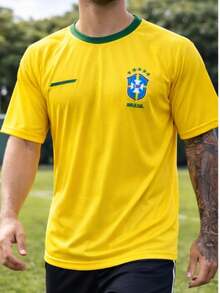 Men's World Cup Sports T-Shirt, Yellow, Green Collar, Soccer, Training, Performance, Breathable, Lightweight, Quick-Drying, Comfortable, Athlete, Field, Gym, Casual, Dynamic, Micro-Perforated - 黃色 - 查看 2