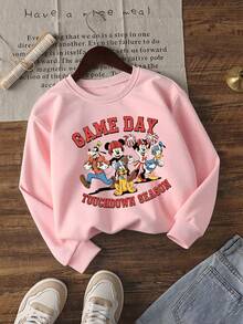 1pc Disney Mickey Mouse & Friends Tween Girl Sweet Sweatshirt Featuring Fun Touchdown Season Cartoon Graphics - Skin-Friendly & Versatile, Perfect For Casual Hangouts & School Outfits - 粉色 - 查看 1