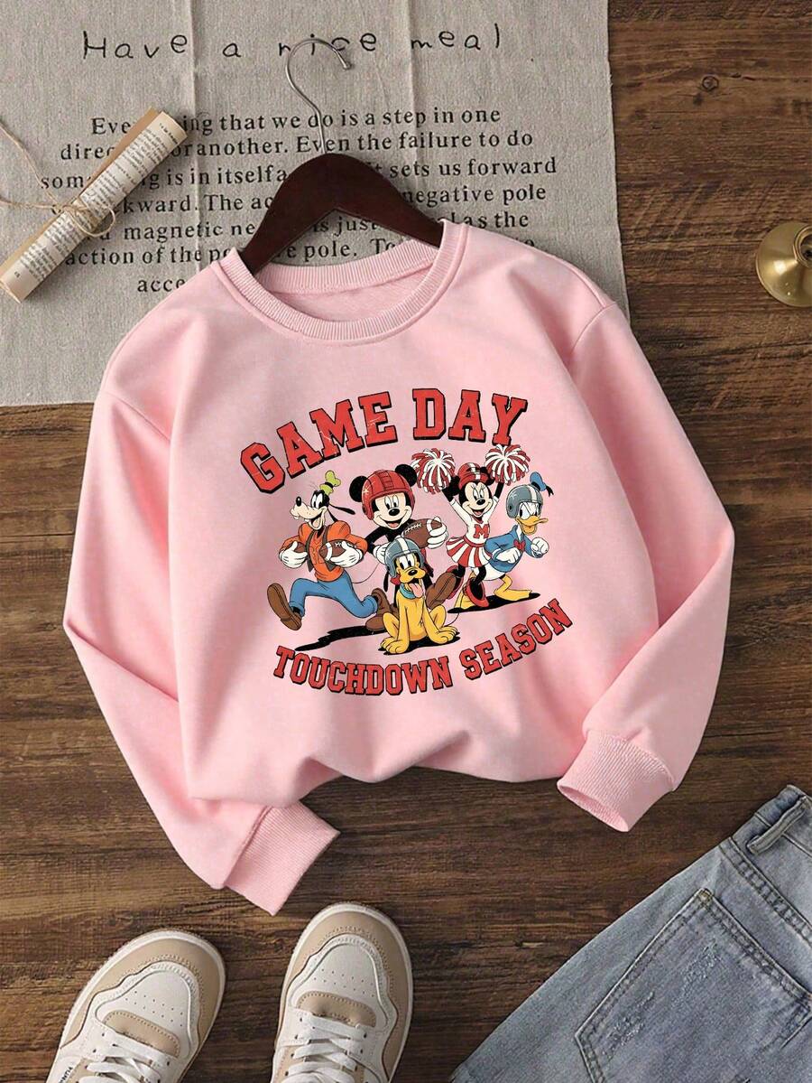 1pc Disney Mickey Mouse & Friends Tween Girl Sweet Sweatshirt Featuring Fun Touchdown Season Cartoon Graphics - Skin-Friendly & Versatile, Perfect For Casual Hangouts & School Outfits - 粉色 - 查看 1