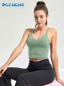 GEMCHO Sleeveless Sports Yoga Bra, Thick Medium Support, No Wire, Long Style, Spring/Summer - Turquoise - View 6