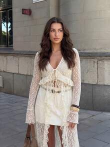 HoloChill 女士夏季沙滩薄纱长袖宽松和服，2026 新款女士假日装扮、派对装扮、沙滩度假装扮、优雅休闲上衣 - 米色 - 查看 3