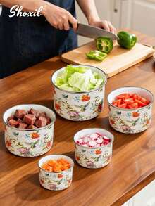 shoxil 5件套带盖嵌套式储物碗套装，搅拌碗套装，花鸟印花珐琅沙拉蔬菜水果备料碗，金属备料碗，适用于烘焙、准备、烹饪和盛放食物，适合家庭/聚会/餐厅/露营/野餐 - 碗 - 查看 7