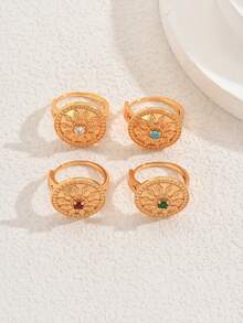 1pc Bohemian Style Colorful Zirconia Round Disc Adjustable Ring, Fashionable Party/Holiday Accessory For Women - Multicolor - View 4