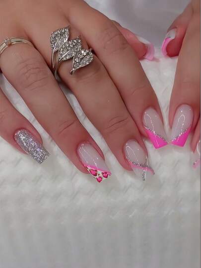24 piezas de uñas postizas cuadradas medianas con borde rosa, estampado de leopardo y brillo plateado, estilo minimalista, adecuadas para el trabajo y el uso diario, incluye pegamento de gel y lima de uñas