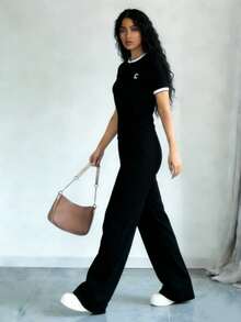 Set de 2 piezas para mujer con camiseta de manga corta de unicolor y pantalones con cordón en la cintura, estilo casual - Negro - Ver 8