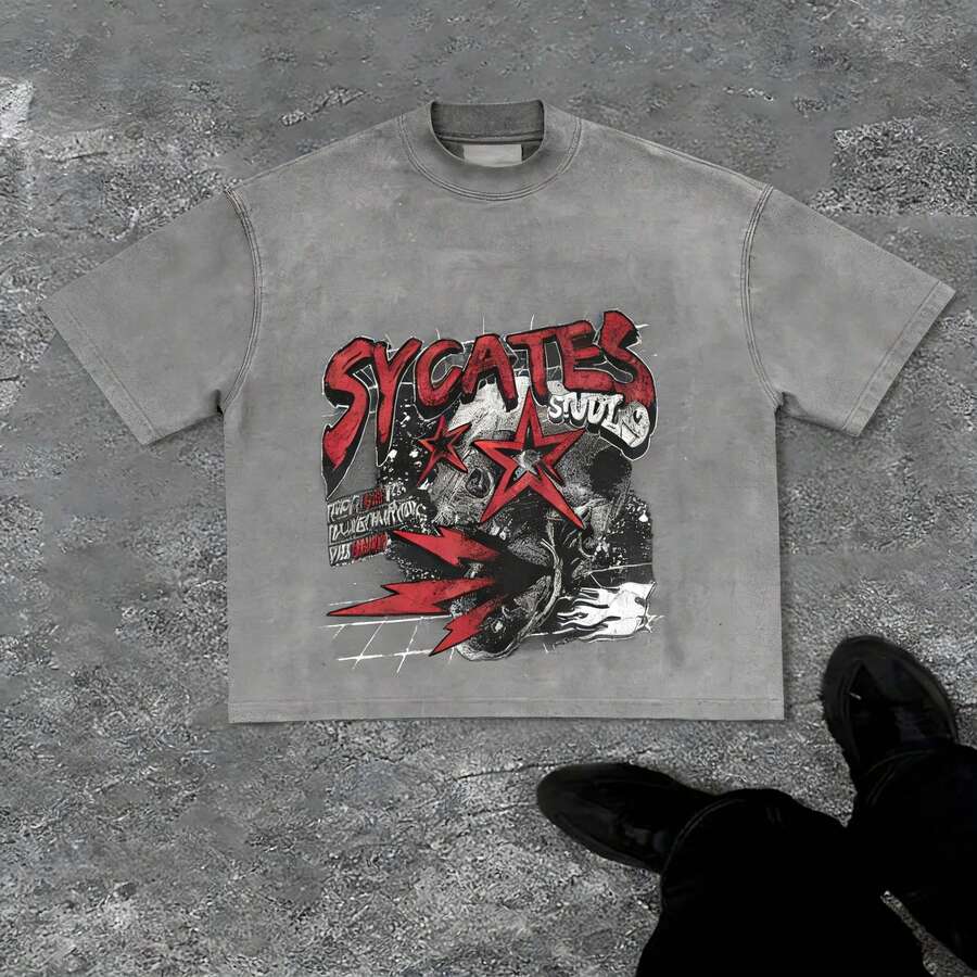 Grunge Revival Essential - Contrast Red/White Graphics With Edgy GAGADO Detail | 100% Cotton2026 - 灰色 - 查看 1