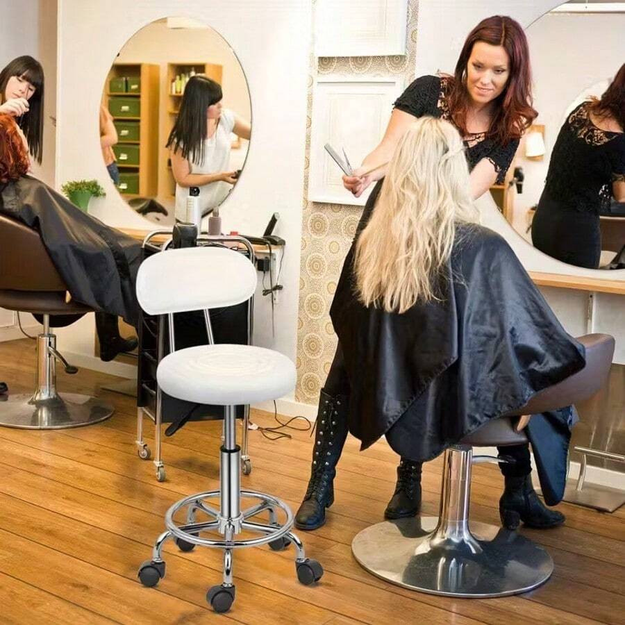 Adjustable Height Desk Chair with Soft Cushioned Backrest - Ergonomic Office & Home Computer Chair, Durable Plastic Frame,Ideal for Dorms & Study Spaces, Dorm Room Furniture, Modern Seating Option, Comfortable Seating Taburete de Trabajo Móvil con Respaldo – Altura Ajustable y Reposapiés, Diseño Funcional y Moderno