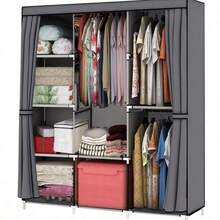 Reinforced Fabric Wardrobe, Large Capacity, Compartmentalized Storage Wardrobe, With Hanging Rods And Storage Compartments, Easy-To-Assemble Home Wardrobe, Reinforced Steel Frame, Portable Storage Wardrobe Suitable For Rental Apartments And Student Dormitories. - Grey - View 11