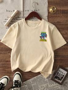 1pc Toddler Boys' Funny Pixel Cartoon & BRUH Letter Print Back Graphic T-Shirt, Casual Round Neck Short Sleeve, American Street Style Loose Fit Gamer Tee, Summer - Apricot - View 4