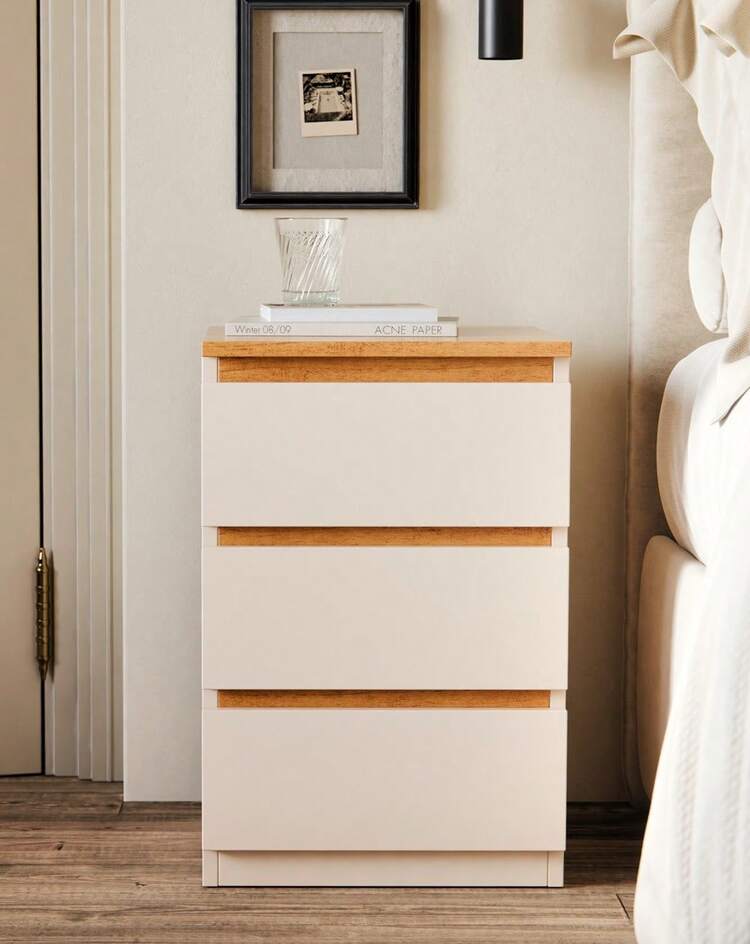 Beijing Bedside Table For Bedroom, 3 Drawers, Organizer, Compact MDF - Beis - Añade 1