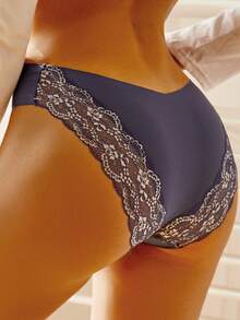 Mature Elegant French Romantic Adjustable Lace Patchwork Seamless Women's Panties - Navy Blue - View 1