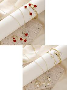 一套（5件）幸运花形合金首饰套装，时尚女士礼物，疗愈水晶手链，适合日常佩戴，是送给女友、妻子或伴侣的理想礼物 - 多色 - 查看 24