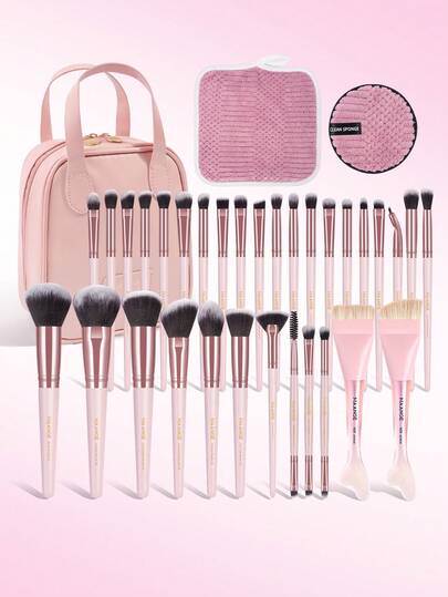 MAANGE 25pcs/32pcs/35pcs Professional Makeup Brush Set, Includes 1 Makeup Remover Sponge, 1 Face Towel, 1 Makeup Bag, Contains Foundation Brush, Blush Brush, Concealer Brush, Contour Brush, Eyeshadow Brush, Eyebrow Brush, Eyeliner Brush, Blending Brush Etc. Made Of Soft Fiber, Suitable For Skin, Portable, Great Gift For Women And Girls,Giveaways,Professional Makeup Brushes,Complete Makeup Set