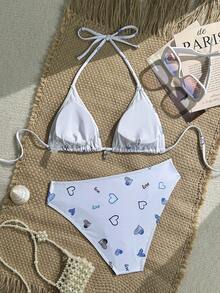 Elegant Women's Heart Pattern Halter Backless Bikini Cute Ruched Bust Swimwear Medium Stretch - Multicolor - View 5