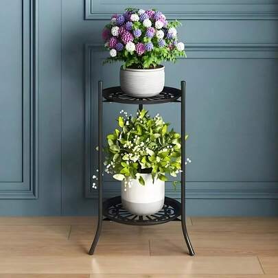 1 pieza Soporte de planta de metal de doble capa, estante de maceta de estilo europeo minimalista, apta para interior/exterior, estante decorativo de almacenamiento para exteriores