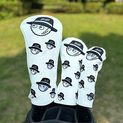 A Fun Fisherman Pattern White Golf Club Head Cover, Embroidered Pattern Design, Enhanced Golf Club Protection, Golf Accessories, PU Material.