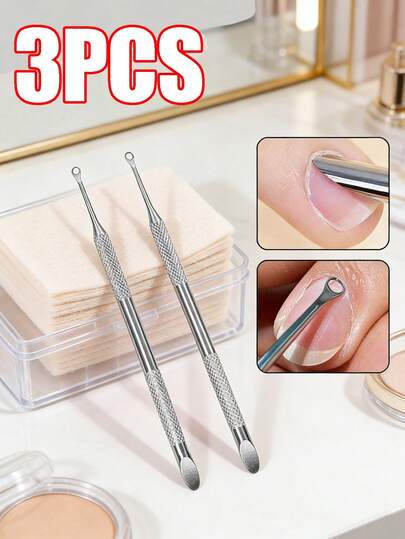 3pcs/1pc Double Head Circular Rake Steel Push Nail Tools, Dead Skin Removal, Manicure Pusher, Stainless Steel, With Slant And Round Head For Removing Dead Skin & Preparing Nails