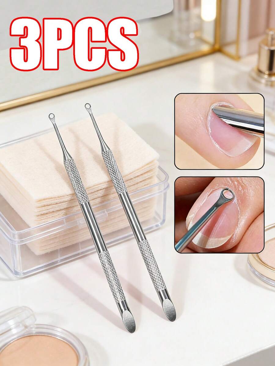 3pcs/1pc Double Head Circular Rake Steel Push Nail Tools, Dead Skin Removal, Manicure Pusher, Stainless Steel, With Slant And Round Head For Removing Dead Skin & Preparing Nails - Silver - View 1