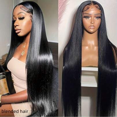 Summer Cool New Style 180% Density 20 Inch Human Blended Hair 13X4 Lace Front Wigs Human Blended Hair 180% Density Short Straight Frontal Bob Wig HD Transparent Lace Frontal Wigs Pre Plucked For Women Glueless Wigs With Baby Hair Natural Black 20 Inch