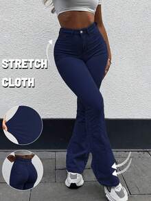 GILIPUR Jeans évasés style Y2K, pantalon décontracté élégant à taille haute et coupe slim pour femmes. Pantalon long en jean stretch lavé bleu foncé, mode de rue européenne et américaine - Jean brut - Voir 3