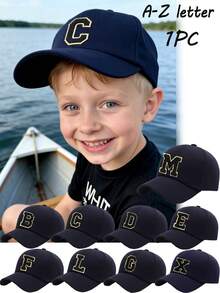 1顶时尚儿童嘻哈帽，A-Z字母刺绣棒球帽，男女童可调节后扣帽，户外休闲遮阳帽，骨白色，8-16岁 - 藏蓝色 - 查看 1