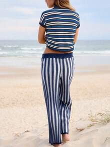 Striped Collar Elegant Casual Vacation V-Neck T-Shirt, Suitable For Beach, Daily, Street, Commute - Blue - View 7