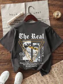 Tween Boy Inspirational Slogan Print T-Shirt, Soft And Comfortable Fabric, Suitable For Boys Outdoor Sports, Casual Daily Wear, Street And Campus Style, Fashionable Spring/Summer Casual Top - Dark Grey - View 2