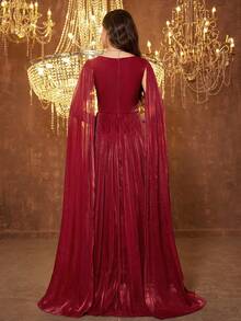 SUPGIR 【随机花卉图案】V领灯笼袖雪纺亮片刺绣收腰派对晚礼服 - 酒紅色 - 查看 2