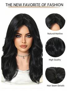 22 Inch Black Curly Wig With Bangs, Women's Synthetic Fiber Wavy Wig, Heat Resistant For Daily Wear And Parties - Black - View 9