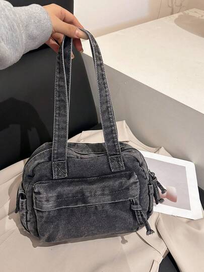 Fashionable Casual Versatile Shoulder Bag, Washed Denim, Solid Color, Retro Minimalist Handbag With Multiple Pockets, Low-Key High-End Quality, Comfortable Niche Design Underarm Bag