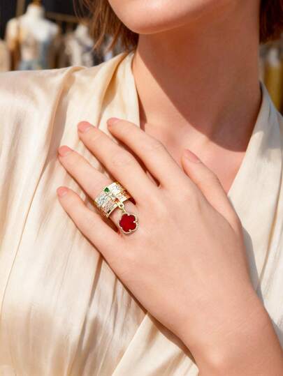 1pc Tri-Color Charming Five-Leaf Clover Pendant Ring With 7 Circulars Hyperbole Ring Suitable For Teenager Daily And Holiday Wear Party Accessory