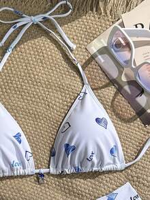 Elegant Women's Heart Pattern Halter Backless Bikini Cute Ruched Bust Swimwear Medium Stretch - Multicolor - View 2