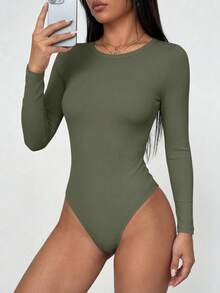 Women Spring Bodysuits For Long Sleeve Shirts Fitted Basic Ribbed Layering Bodys Tops Fall Fashion Winter Clothes Army Green Vacation Rompers Outfits For Women - Army Green - View 3