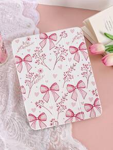 1pc Pink Floral Bow Pattern Painted Tablet Case, Compatible With 10th/11th/10.2/10.5/Air4/Air5/10.9/Pro11/Air 11-In.(M2)-2024/Pro 11-In.(M4)-2024/ Air 11-Inch (M3) 2025/ (A16) 11 Inch 11th Generation 2025 Mini6/Mini7/Air1/Air2/9.7, Tab A8 10.5 Inch 2022, Minimalist/Creative/Unique/Romantic/Niche Design, Built-In Pencil Slot, Tri-Fold Stand, Magnetic Sleep/Wake - Multicolor - View 1