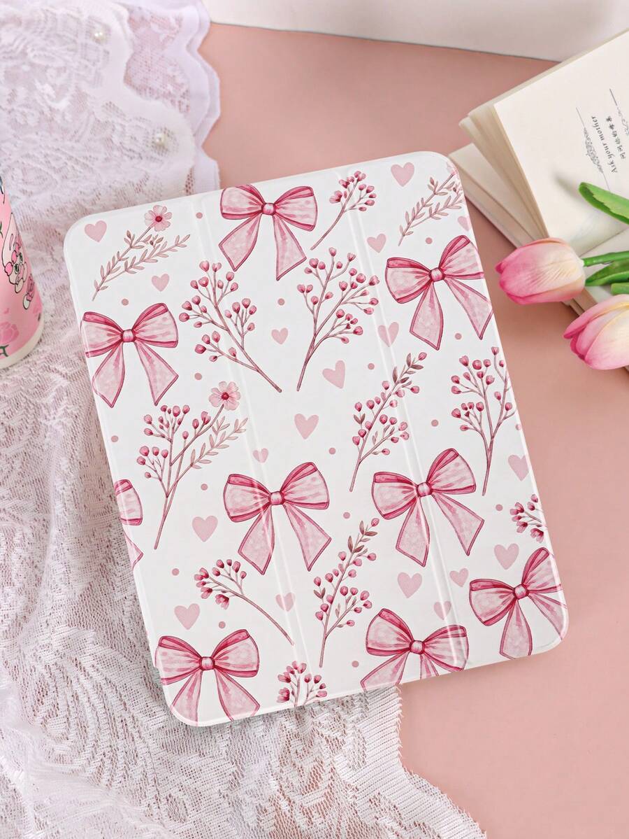 1pc Pink Floral Bow Pattern Painted Tablet Case, Compatible With 10th/11th/10.2/10.5/Air4/Air5/10.9/Pro11/Air 11-In.(M2)-2024/Pro 11-In.(M4)-2024/ Air 11-Inch (M3) 2025/ (A16) 11 Inch 11th Generation 2025 Mini6/Mini7/Air1/Air2/9.7, Tab A8 10.5 Inch 2022, Minimalist/Creative/Unique/Romantic/Niche Design, Built-In Pencil Slot, Tri-Fold Stand, Magnetic Sleep/Wake - Multicolor - View 1