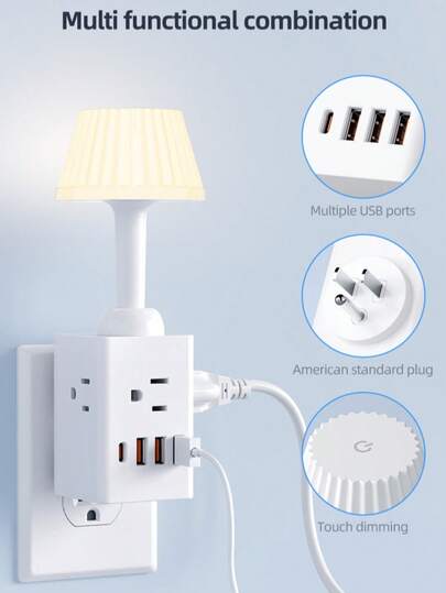 A Bedside Power Strip With A Lampshade, Featuring 3 Sockets, 3 USB Ports, And 1 Type-C Port. The Bedside Is Equipped With A Touchable Lamp With Adjustable Brightness. It Also Comes With A Plug Extender With Multiple Plugs. This Is A Must-Have Item For Homes, Bedrooms, Travel, Camping, And Dormitories, Etc.