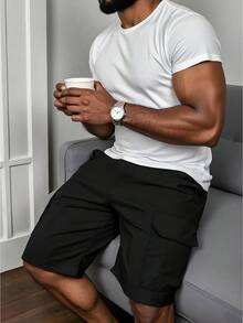 Pantalones cortos casuales con bolsillo lisos para hombres, adecuados para el verano pantalones tacticos de hombre - Negro - Ver 3