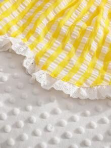 Spring And Summer New Girls' Outfits With Lace Dresses And Tops, Plaid Vests, And Long Pants Casual Two Pieces Sets For Little Girls - Yellow - View 9