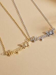 Personalized 12 Months Hollow Butterfly Customized English Name, Letter And Number Necklace, Stainless Steel Chain Personalized Pendant Necklace, Best Friend Gift, Fashion, Casual, Cute, Minimalist, Retro Customized, Unique Gift For Girlfriend, Mom, Family, Friends, Daughter, Grandparents - Frosted - View 4